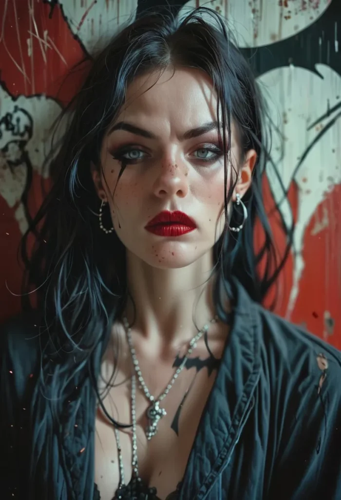 A Gothic woman with dark makeup, AI generated using Stable Diffusion. She has intense blue eyes, deep red lipstick, and a melancholic expression. She wears a black outfit with necklaces and hoop earrings, set against a distressed red and black backdrop with graffiti.