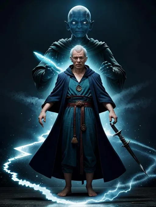 An AI generated image using stable diffusion showing a grand wizard in a blue robe with a mystical figure behind him.