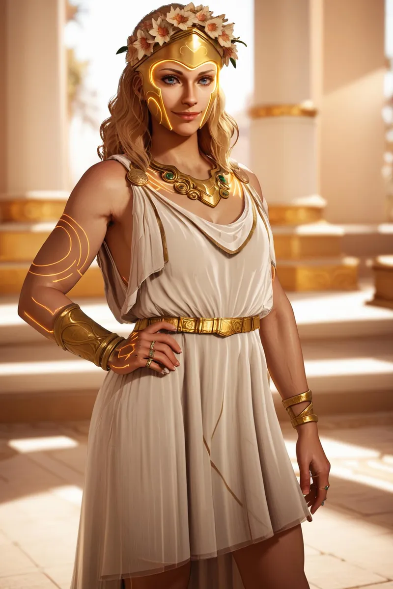 AI generated image using Stable Diffusion of an ancient Greek goddess in futuristic armor with golden accents.