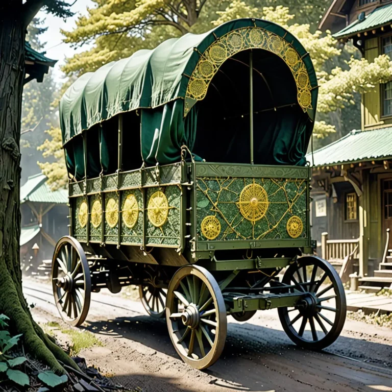 An AI generated image using stable diffusion showing an ornate green carriage with golden decorations against a wooded background.