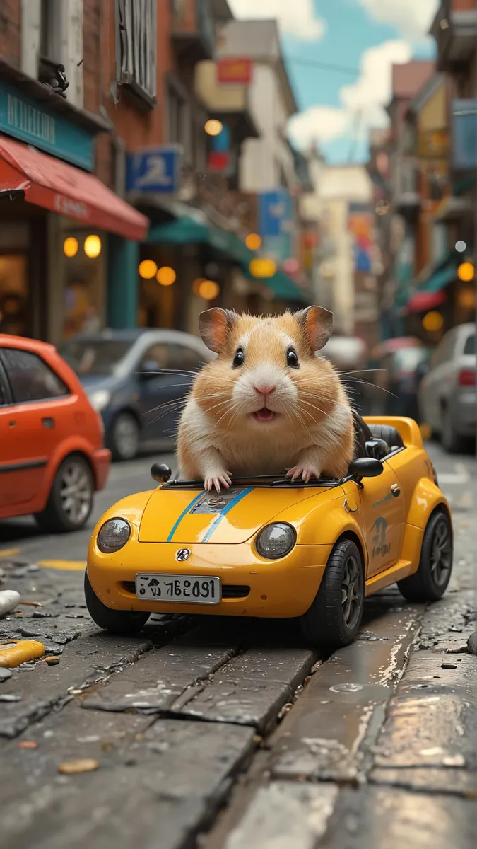 A cute hamster sitting in a small yellow toy car on a detailed miniature city street. This image is AI generated using Stable Diffusion.