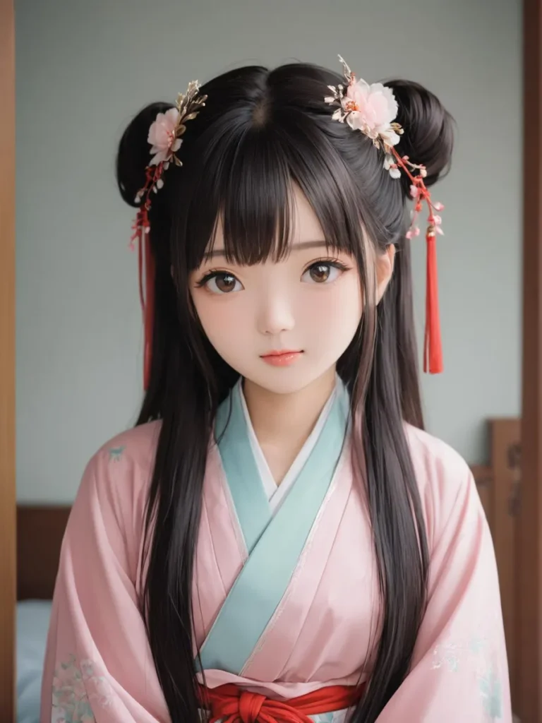 A traditional anime-style girl wearing a pink and teal hanfu with floral hair accessories created using Stable Diffusion.