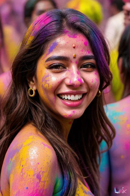 A woman with a vibrant smile covered in colorful powders celebrating Holi. This is an AI-generated image using Stable Diffusion.