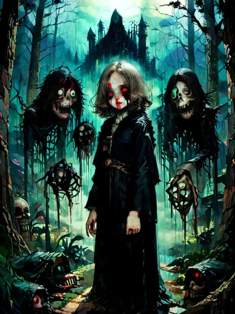 AI generated image using Stable Diffusion, depicting a horror scene in a creepy forest with a sinister childlike figure surrounded by ghostly, decomposed faces near a haunted house.