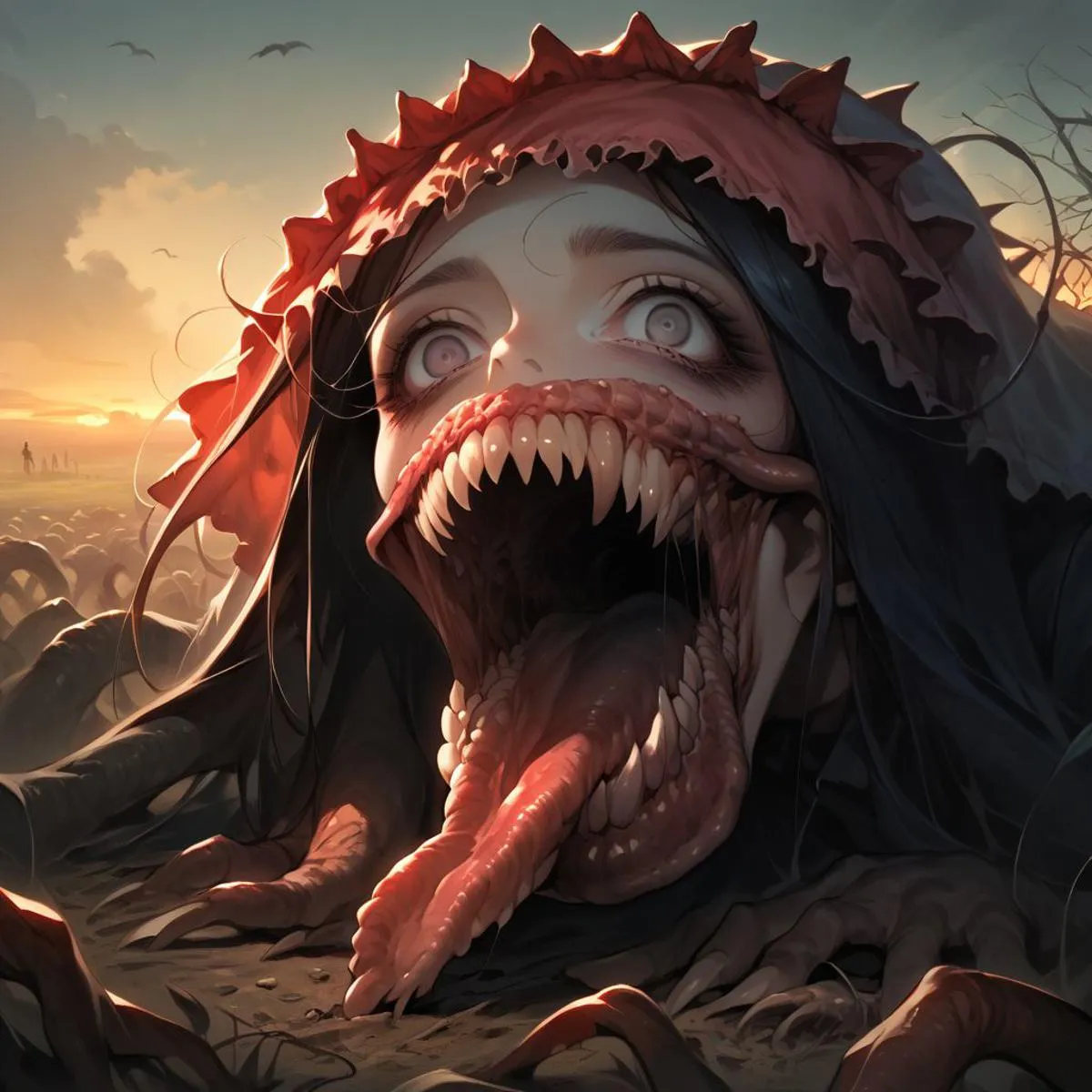 A terrifying horror creature with a monstrous mouth, long tongue, and sharp teeth emerging under a sunset sky. AI generated image using Stable Diffusion.
