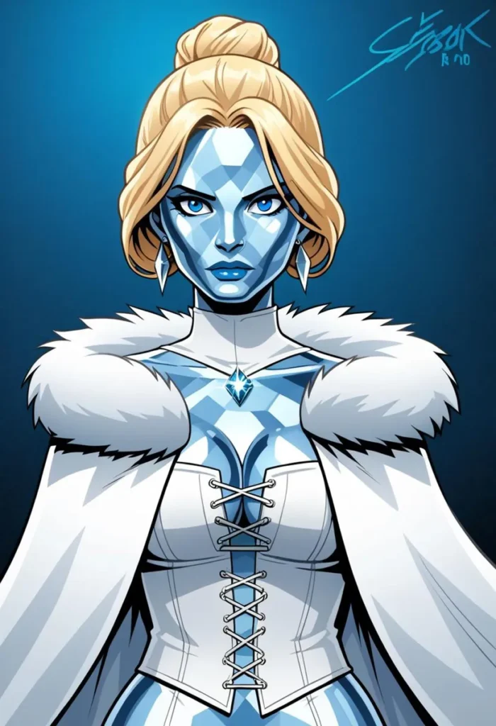 Ice queen-inspired female character with blue skin and blonde hair, wearing a white fur-trimmed cape and an elaborate costume. AI generated image using stable diffusion.