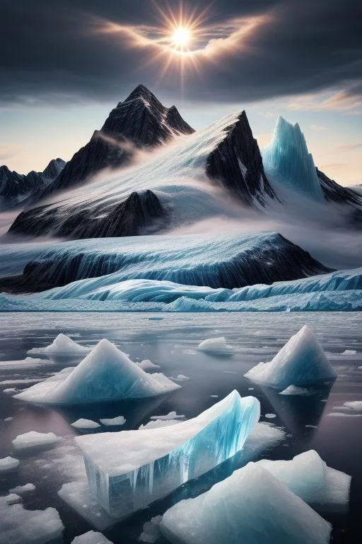 AI generated image using Stable Diffusion showcasing a majestic landscape with large blue icebergs floating on calm waters in the foreground, with tall dark mountains covered in snow in the background under a dramatic sunset sky.