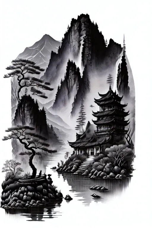 A serene AI generated image using Stable Diffusion depicting a traditional Japanese landscape with towering mountains and a pagoda near a calm body of water.