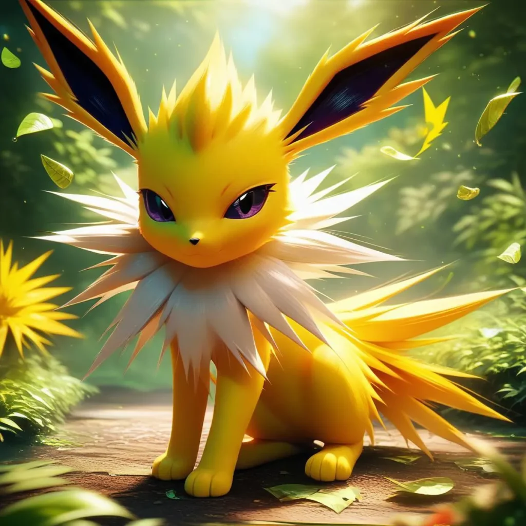 AI generated image using stable diffusion featuring Jolteon, a yellow Pokemon character with purple eyes and spiky fur, sitting in a serene forest setting.