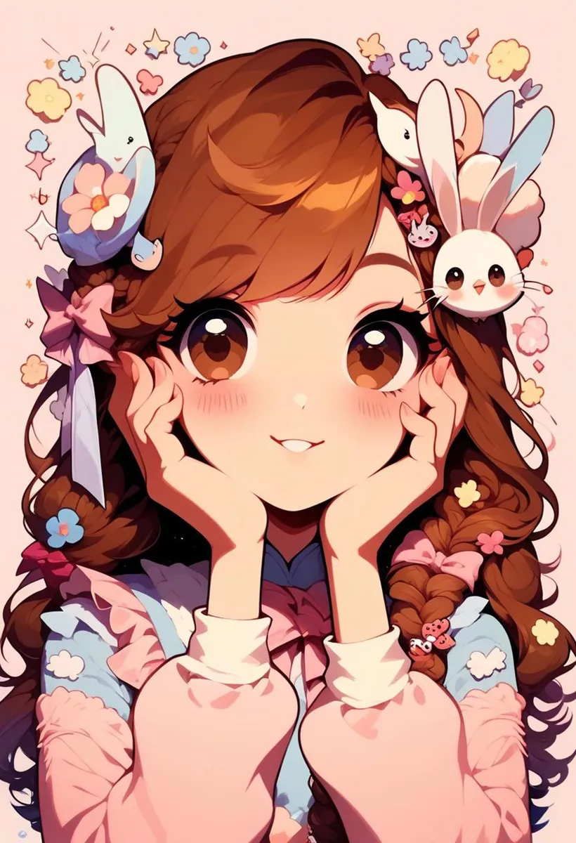 A kawaii girl with big brown eyes, long brown hair adorned with cute bunnies and floral accessories, dressed in a pastel pink and blue outfit. AI generated image using stable diffusion.