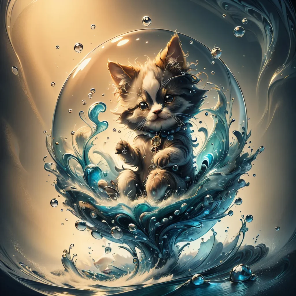 An AI generated image using stable diffusion featuring an adorable kitten inside a translucent bubble surrounded by dynamic water splashes.
