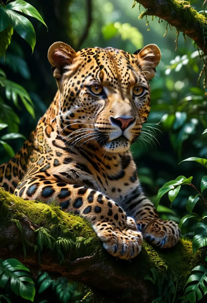 AI generated image of a leopard resting on a moss-covered tree branch in the jungle, created using Stable Diffusion.