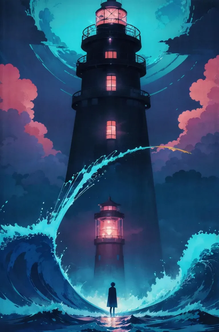 A lighthouse with bright lights standing tall amid stormy sea waves under a moonlit sky, generated using Stable Diffusion.