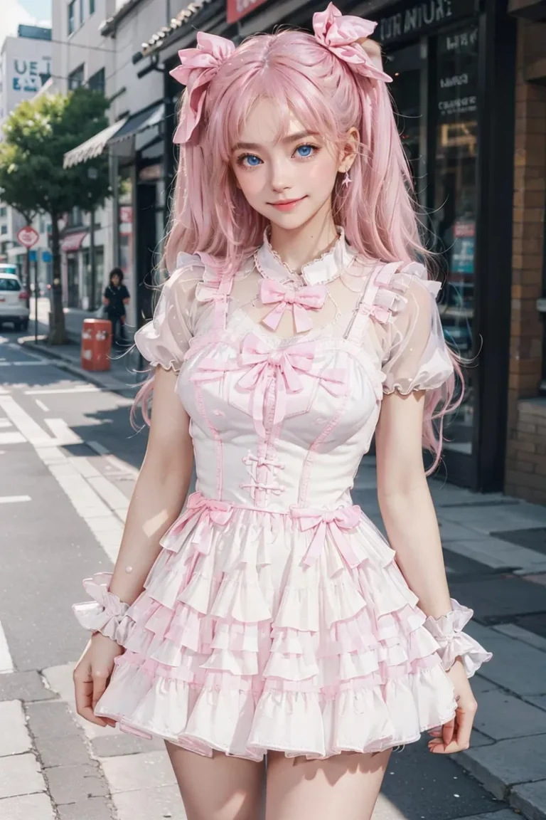 Lolita fashion featuring a girl with pink hair and a pink dress, AI generated using Stable Diffusion.