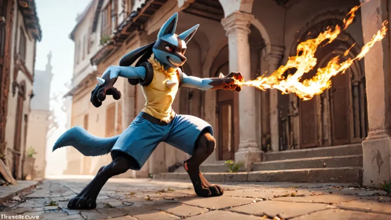 Lucario harnessing fire powers in an ancient street, AI generated image using Stable Diffusion