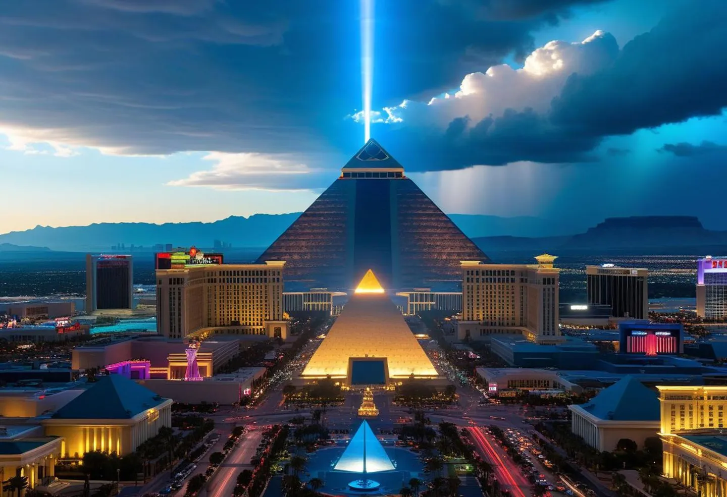 Luxor Hotel pyramid in Las Vegas illuminated by a blue light beam, created using Stable Diffusion.