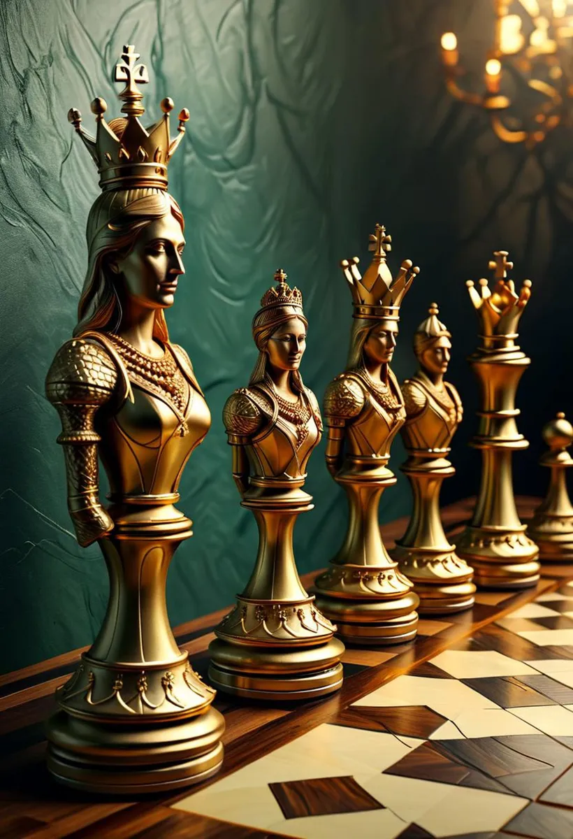 Gold chess pieces in a luxurious set, AI generated image using stable diffusion.