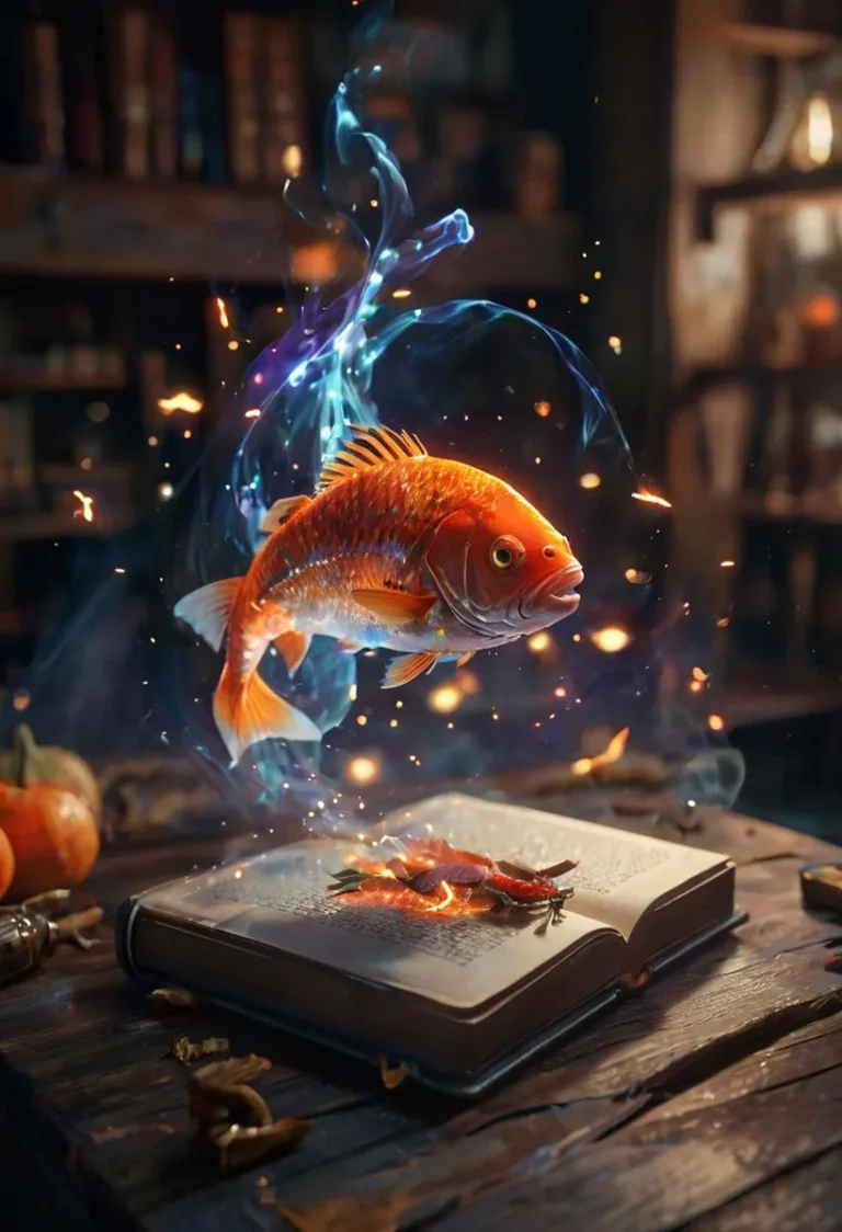 A magical scene with an orange fish floating above an open book in a cozy, dimly lit room. AI generated image using Stable Diffusion.