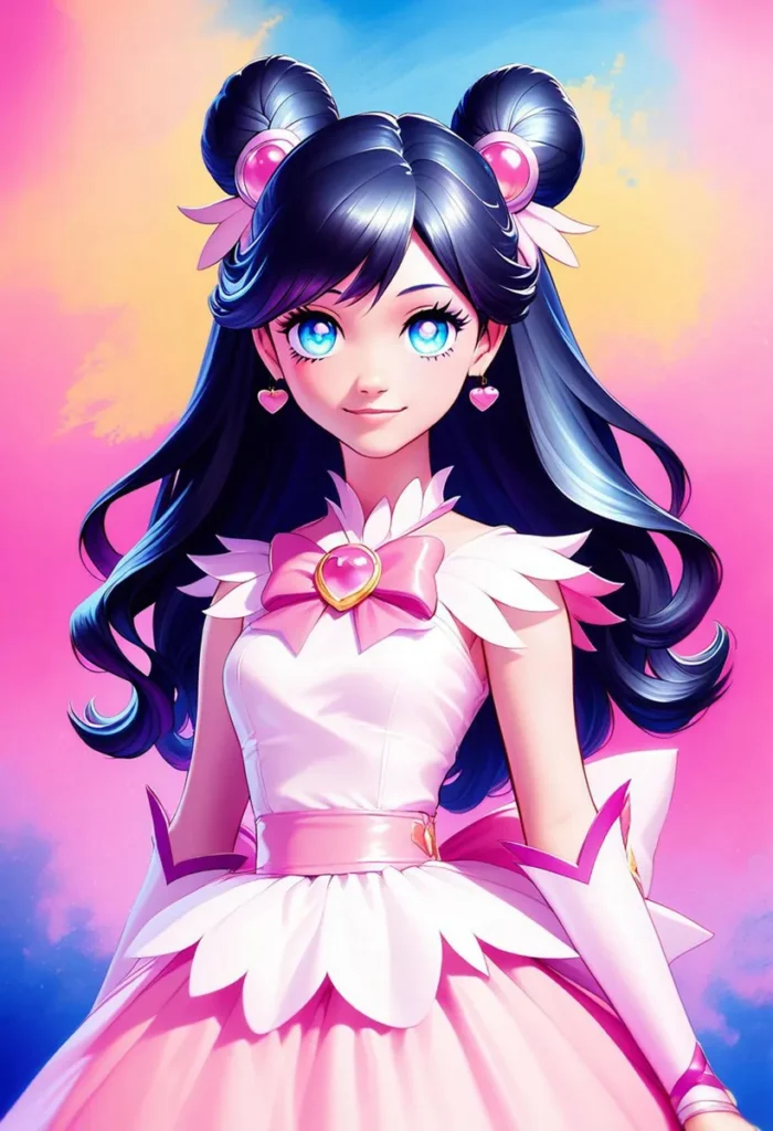 A cute AI generated image using stable diffusion of a magical anime girl with blue eyes, dark blue hair in twin buns adorned with pink accessories, wearing a pink dress with heart-shaped details and a bow, against a vibrant pink and blue background.