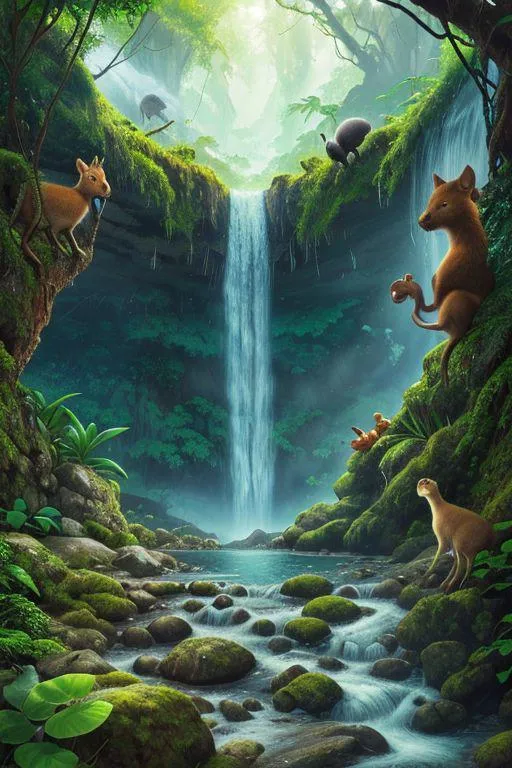 A magical forest scene with a waterfall surrounded by various animals, created using AI-based Stable Diffusion.