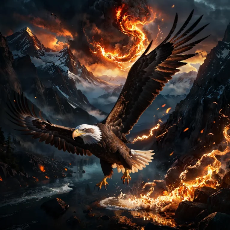 A majestic eagle soaring over a mountainous landscape with a fiery sky, created using Stable Diffusion AI.