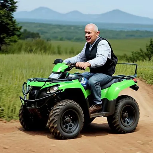 A man joyfully riding a green ATV on a dirt road surrounded by greenery and distant mountains in an AI-generated image using Stable Diffusion.
