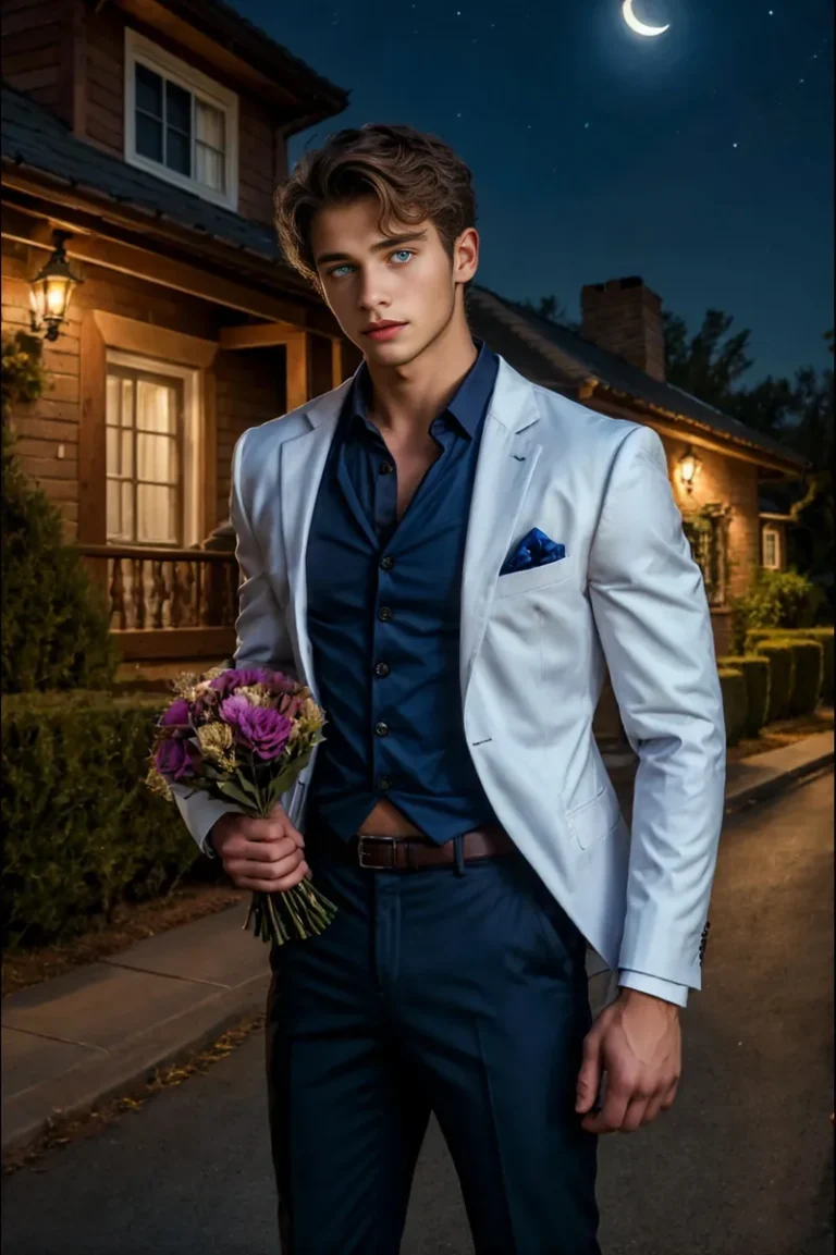 A handsome young man with striking blue eyes, dressed in a navy shirt and white blazer, standing on a suburban street at night holding a bouquet of flowers. The scene is set in front of a house with warm lighting. AI generated image using Stable Diffusion.