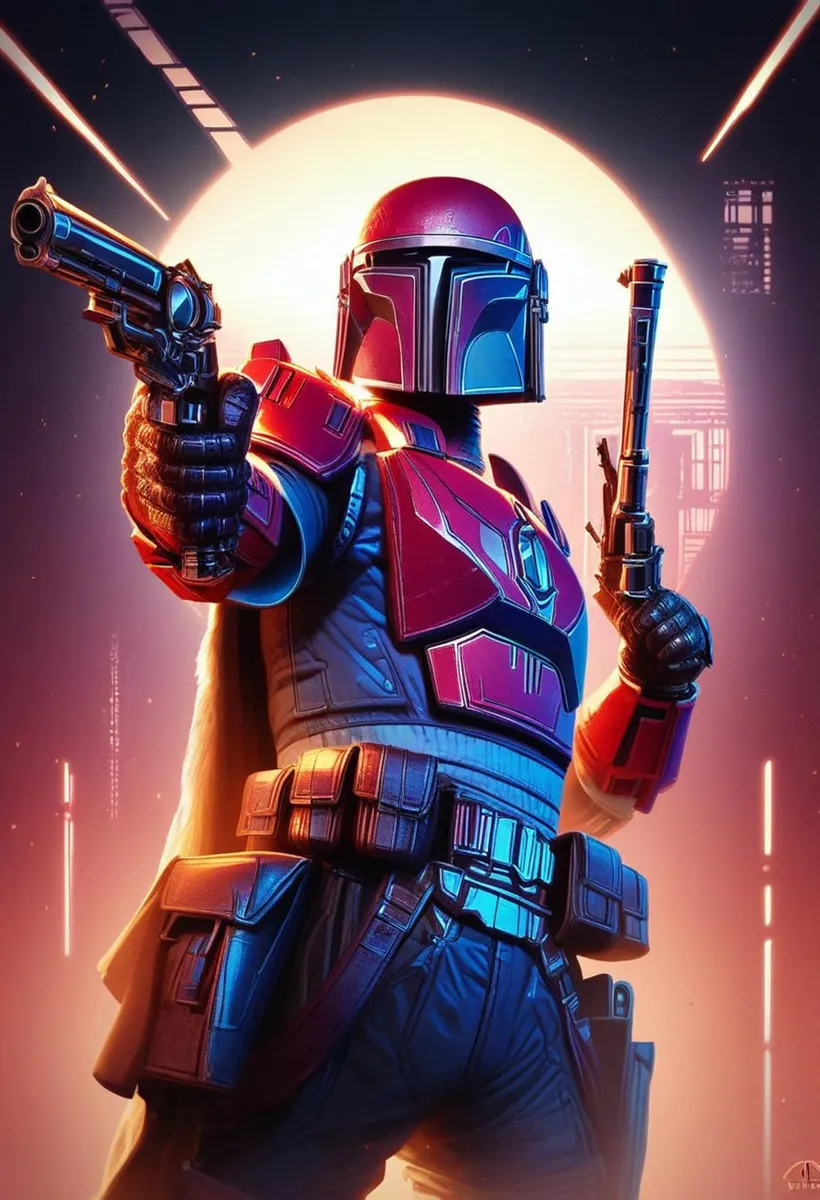A vibrant AI-generated image using Stable Diffusion of a futuristic Mandalorian warrior in red and black armor, two guns drawn, set against a glowing horizon.