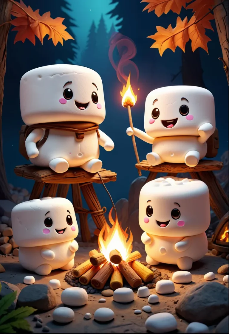 Cute cartoon marshmallows sitting around a campfire in a forest at night. This is an AI generated image using stable diffusion.