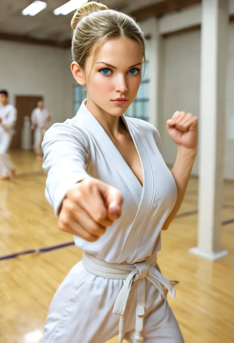 A young woman in a white karate uniform performing a punch stance in a dojo, AI generated image using Stable Diffusion.