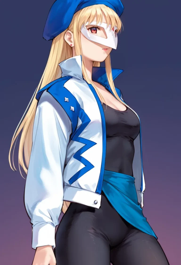 Detailed image of an anime character, a woman wearing a white mask and a blue beret, showcasing an outfit with a blue and white color scheme. This image is AI generated using Stable Diffusion.