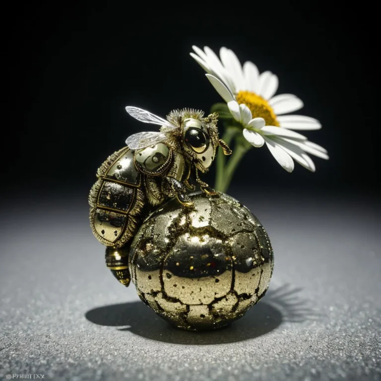 AI generated image using stable diffusion of a mechanical bee sitting on a cracked golden sphere with a daisy flower in the background.