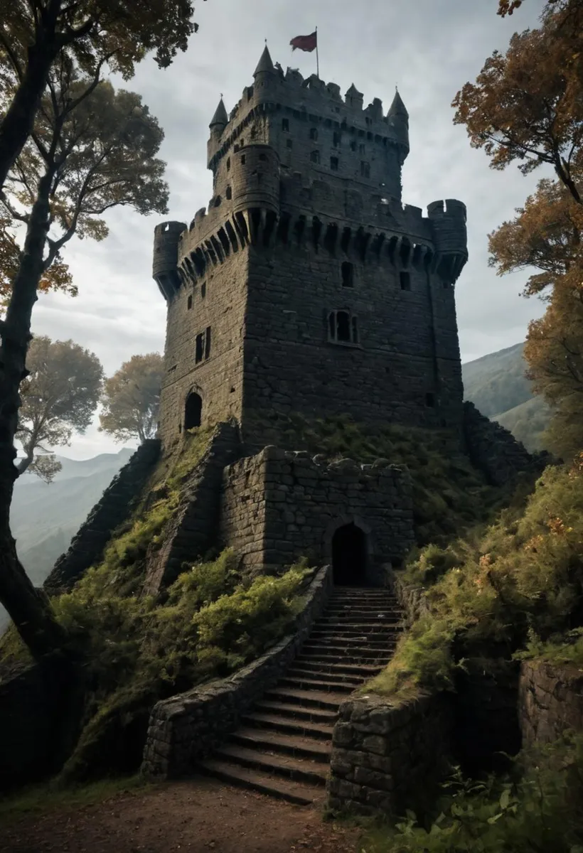 AI generated image of a medieval stone castle surrounded by trees using stable diffusion.