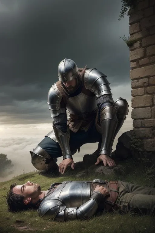 Medieval knights in armor, one kneeling beside the other wounded on the ground. AI generated image using Stable Diffusion.