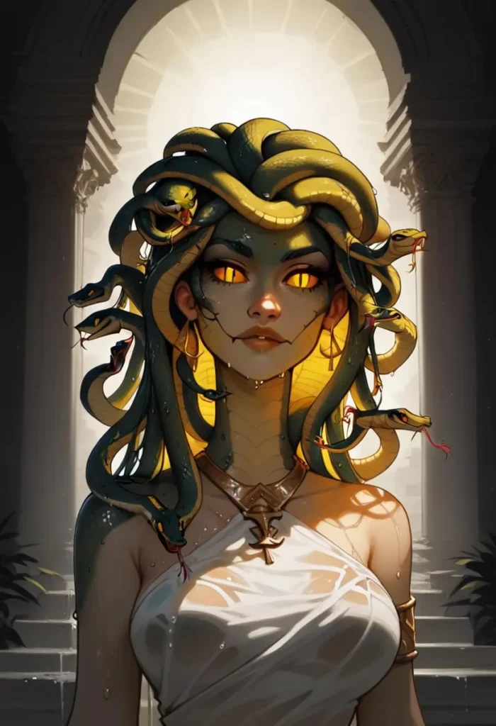 A digital art depiction of Medusa in a classical setting with glowing yellow eyes and snake hair, AI generated using Stable Diffusion.