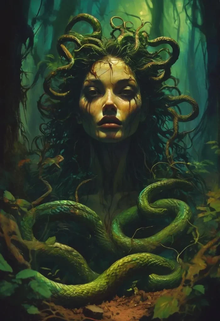 Fantasy depiction of Medusa with snake hair in an enchanted forest, created using Stable Diffusion.