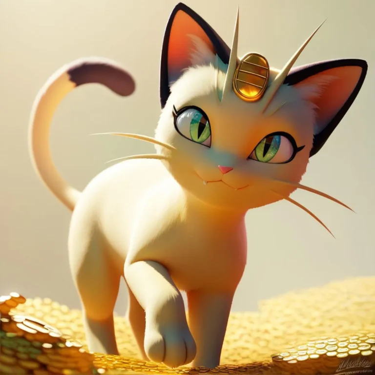 An AI generated animated image of a Meowth cat with big green eyes, walking confidently on a pile of gold coins, created using stable diffusion.