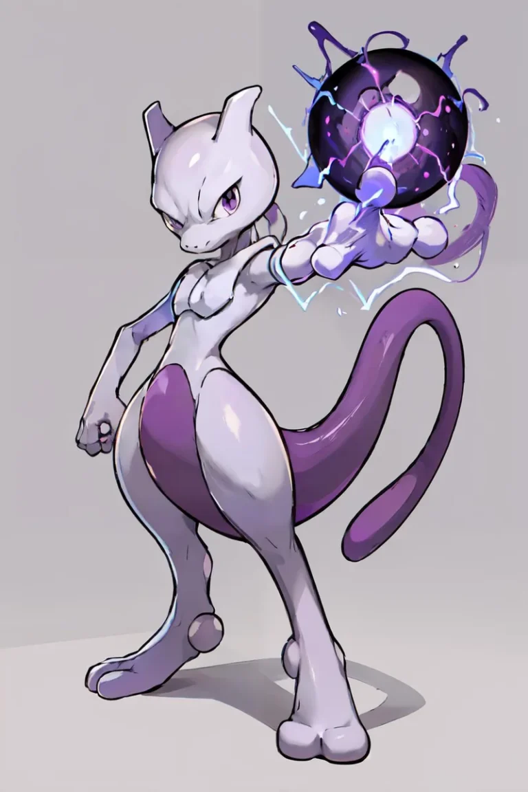AI generated image using stable diffusion of Mewtwo, a Pokemon character, wielding a purple energy orb.
