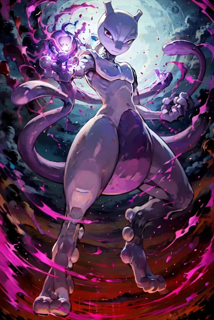 Mewtwo wielding psychic powers, beautifully illustrated in a sci-fi theme. AI generated image using stable diffusion.