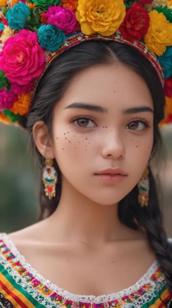 A young woman in traditional Mexican attire with a vibrant flower crown. AI generated image using Stable Diffusion.