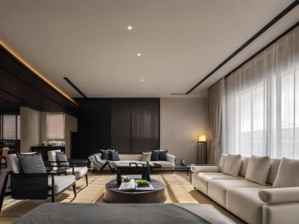 A modern living room with minimalist interior design, featuring neutral colors, clean lines, and luxurious furnishings, generated using ai and stable diffusion.