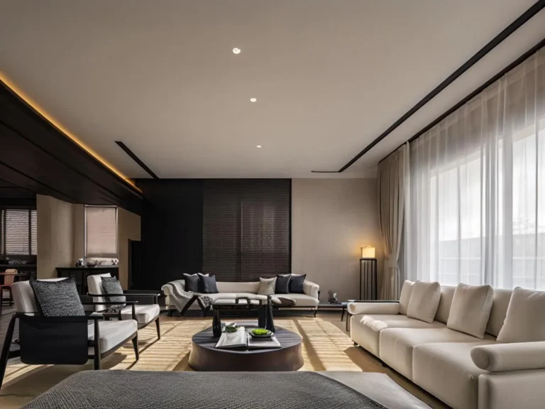 A modern living room with minimalist interior design, featuring neutral colors, clean lines, and luxurious furnishings, generated using AI and Stable Diffusion.