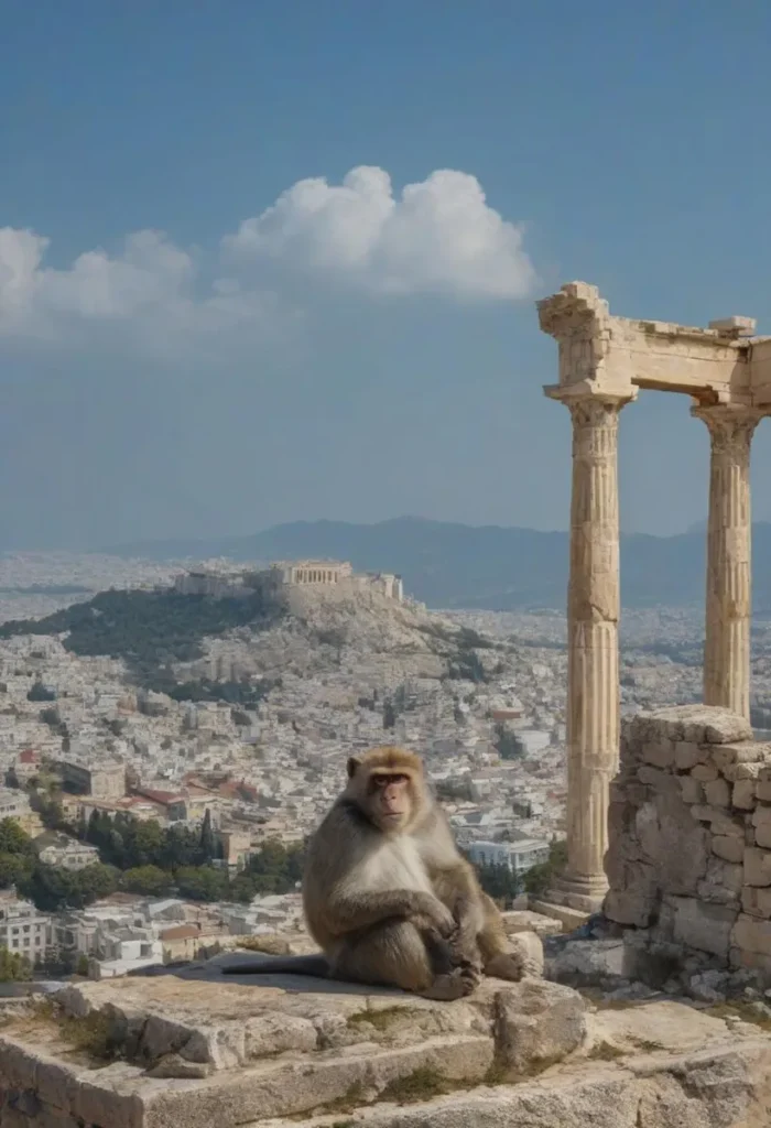 A monkey sitting among ancient Greek ruins with a cityscape and mountains in the background. This is an AI generated image using Stable Diffusion.