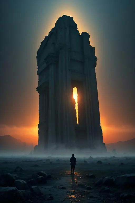 AI generated image using stable diffusion of a monumental, ancient tower with a glowing sunset backdrop, and a single human silhouette in the foreground.
