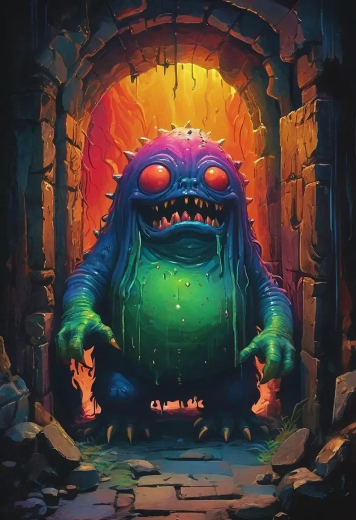 A colorful fantasy monster with big red eyes standing in a dungeon entrance with glowing background, generated using stable diffusion.