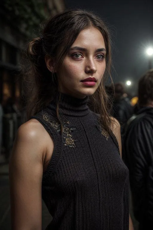 Moody portrait of a young woman in a black sleeveless turtleneck, generated using Stable Diffusion AI