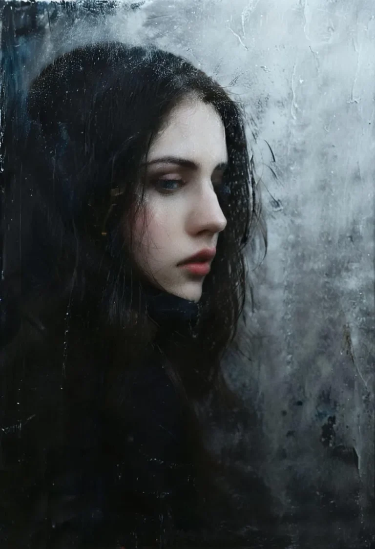 A moody and melancholic portrait of a woman with long dark hair, created using AI and Stable Diffusion.
