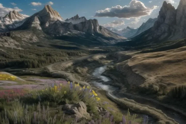 Mountain landscape with river valley and wildflowers, created by AI using Stable Diffusion.