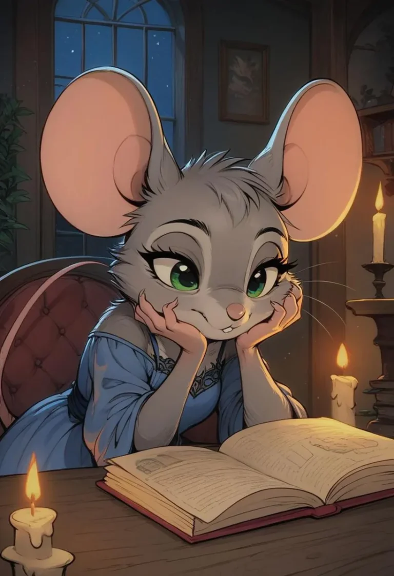Anthropomorphic mouse with large ears and green eyes leaning on hands, beside a book on a candlelit table. AI generated image using stable diffusion.