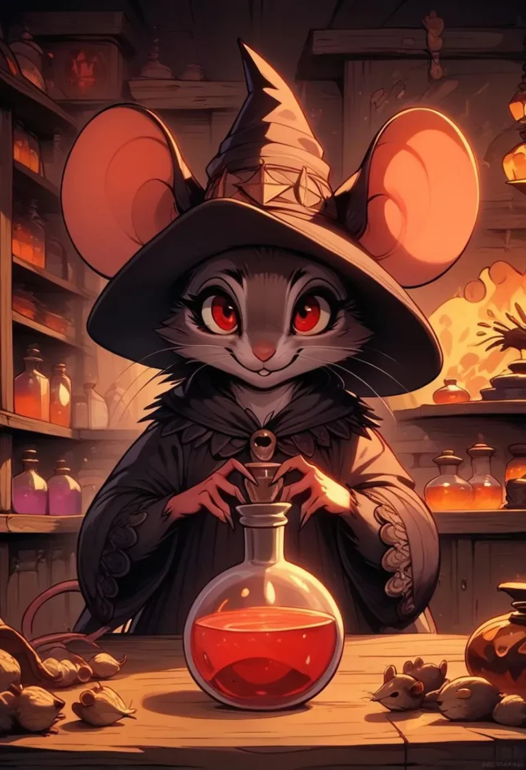 Anthropomorphic mouse wearing a witch hat and cloak, creating a magic potion in a rustic, wooden alchemy lab. AI generated image using Stable Diffusion.